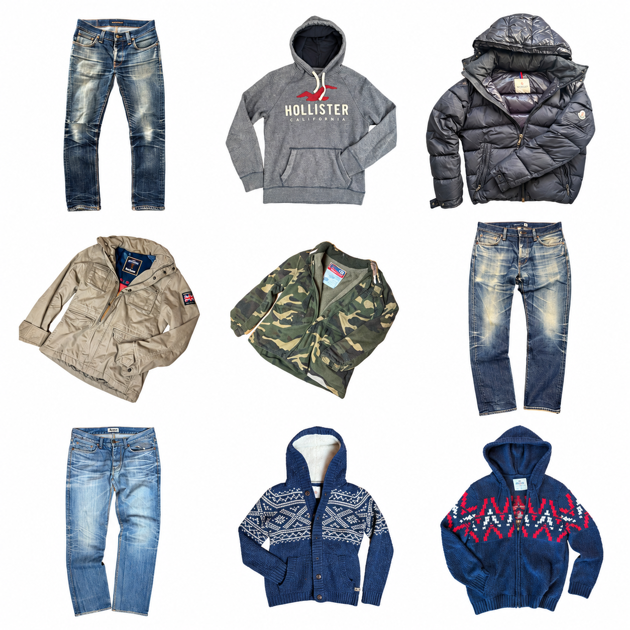Kollage med nio begagnade plagg: jeans, huvtröja, jackor och koftor på vit bakgrund